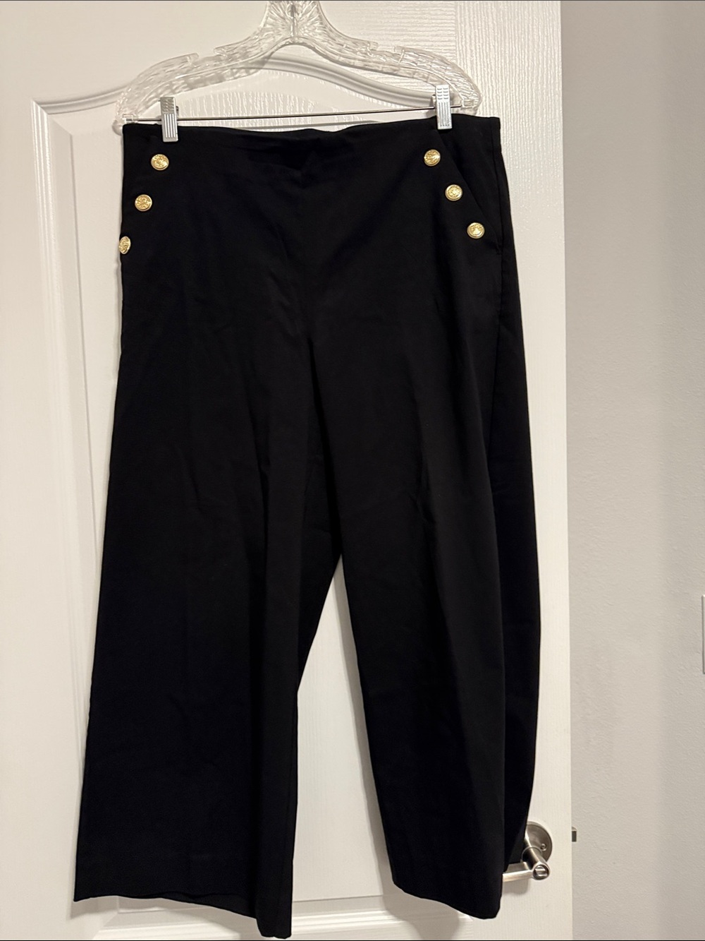 Chicoβs Black Wide-Leg Cropped Pants with Gold Button Detail